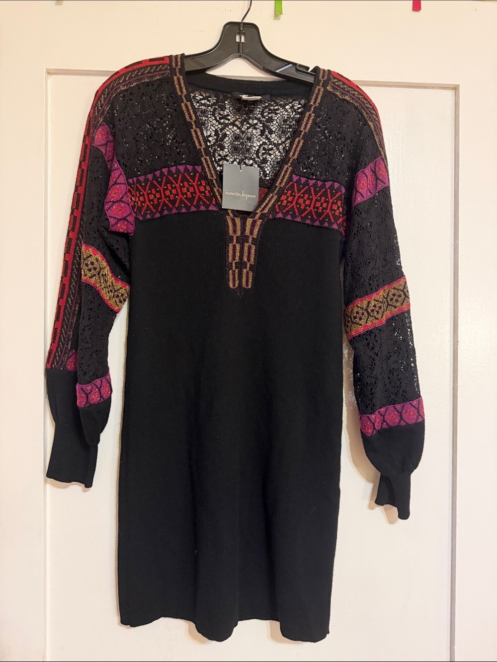 Nanette Lepore Expressive Black Knit Dress with Pink & Red Pattern